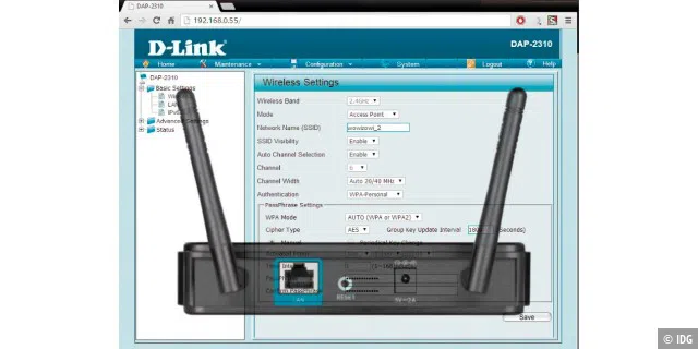 Access Point und seine Konfigurationsoberfläche: Ethernet-Kabel in die Buchse und in der Konfiguration ein neues WLAN anlegen – schon funkt das Gerät an gewünschter Stelle.