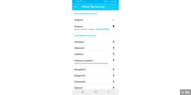 Im Menü „Offline-Übersetzung“ des Google Übersetzers sehen Sie alle Sprachen, die als Offlinevariante zur Verfügung stehen. Gibt es eine Aktualisierung, wird dies auch hier angezeigt.