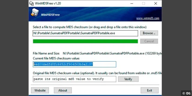Mit Win MD5 Free erstellen Sie zu jeder Datei den zugehörigen Hashwert als MD5- Checksumme. Geben Sie diesen Wert bei Virustotal ein, um sich den Upload der Datei zu sparen.