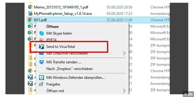 Das Tool Virustotal Uploader integriert sich in das Kontextmenü des Windows-Explorers. So können Sie eine Datei per Rechtsklick zu Virustotal hochladen.