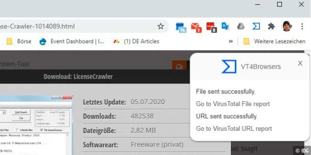 Die Browser-Erweiterung VT4 Browsers scannt Links, ganze Websites und Downloads mit den mehr als 70 Scannern von Virustotal. Verzögerungen treten deshalb aber nicht auf.