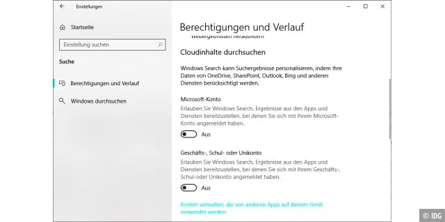 Über die „Einstellungen“ können Sie Windows 10 verbieten, die in Ihrem Cloudspeicher abgelegten Dateien bei der Desktopsuche zu berücksichtigen.