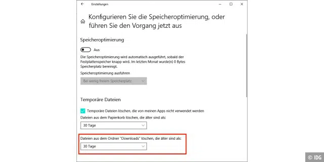 Die Speicheroptimierung von Windows 10 löscht die Dateien und Ordner unterhalb des Ordners „Downloads“ automatisch. Das lässt sich aber abschalten.