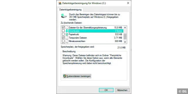 Auch die Datenträgerbereinigung kann Inhalte des Ordners „Downloads“ beseitigen. In der aktuellen Windows-10-Version ist das aber keine Standardeinstellung.