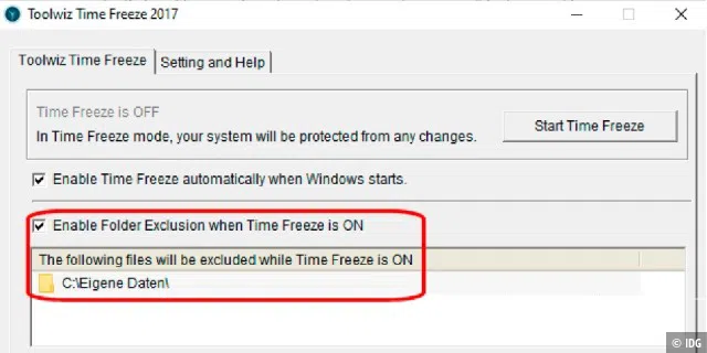 Time Freeze schützt nur die Windows-Systempartition; auf der Konfigurationsoberfläche lassen sich jedoch einzelne Ordner vom automatischen Zurücksetzen ausschließen.