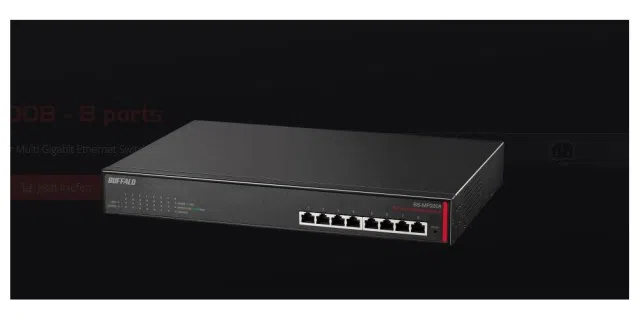 Über den 10-GbE-Switch Buffalo BS-MP2008 mit acht Ports laufen die Tests von Multigigabit-Netzwerkspeichern. Er stellt sicher, dass für jeden Testkandidaten die maximal mögliche LAN-Geschwindigkeit bereitgestellt ist.