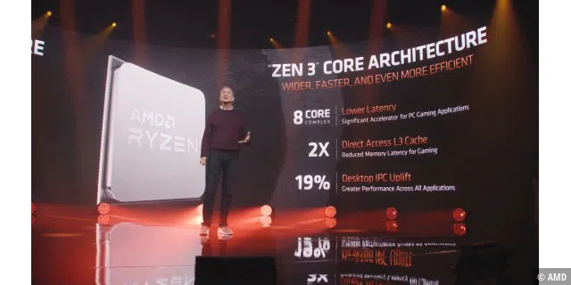 Der Perforamce-Gewinn kommt laut AMD vor allem durch folgende Aspekte zu Stande: kürze Latenzzeiten Dank acht Kernen pro Core-Complex, kürzere Latenzen durch 32 MB Shared L3-Cache und um 19 Prozent verbesserte Instructions-per-Cycle.
