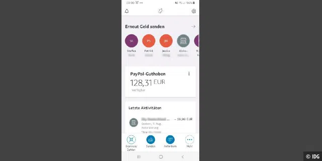 Über den Startbildschirm der Paypal-App können Sie Geld versenden. Haben Sie bereits von Leuten Geld erhalten oder an diese gezahlt, erscheinen sie in der Liste unterhalb von „Erneut Geld senden“.