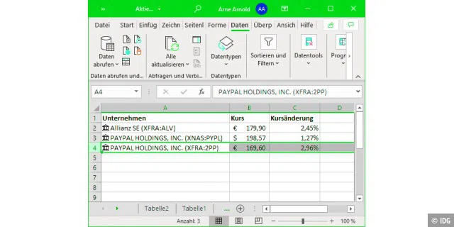 Excel bietet in der Version Microsoft 365 eine komfortable Möglichkeit, aktuelle Aktienkurse und weitere Daten zu börsennotierten Unternehmen anzuzeigen.
