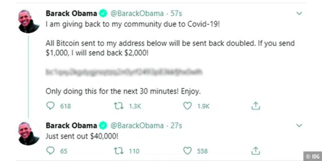 Im Juli erschienen Tweets von Prominenten wie Barack Obama, in denen sie zu Spenden zur Bekämpfung von Covid- 19 aufriefen und versprachen, die eingezahlten Summen zu verdoppeln.