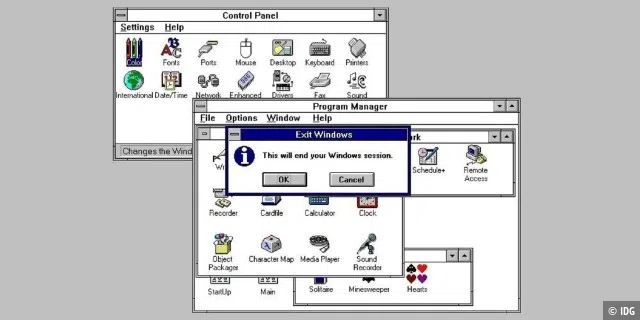 Windows 3.1 mit Programm-, Datei- und Druck-Manager. Die Systemsteuerung in der bis heute bekannten Form gab es im damaligen System bereits.
