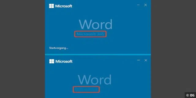 Die unterschiedlichen Lizenzen sind beim Starten einer Office-Anwendung kaum zu erkennen: Oben das Start-Logo von Word im Abo Microsoft 365, unten das der Kaufversion Office 2019.