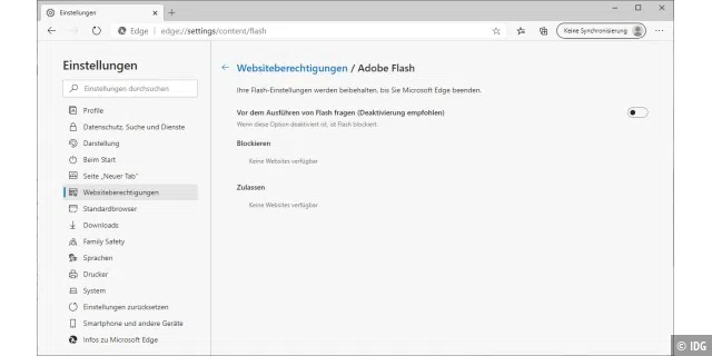 In den Einstellungen des Edge-Browsers können Sie den Flash Player deaktivieren