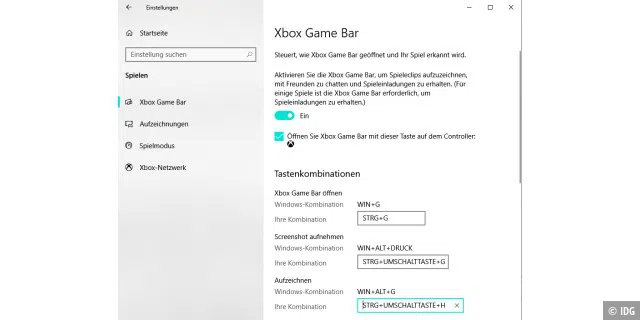 Sie können für die Aktionen der Xbox Game Bar eigene Tastenkombinationen definieren, etwa wenn die vorgegebenen Kombis in Ihrem Spiel bereits belegt sind.