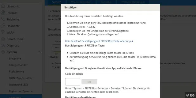 Die Aktivierung der Authenticator-App müssen Sie per Fritzbox-Taste bestätigen.