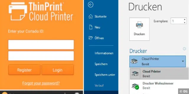 Google hat angekündigt, seinen Dienst Cloud Print zum Fern-Drucken einzustellen. Die Alternative Thinprint bietet das gleiche für Mobilgeräte (links) und Windows (rechts).