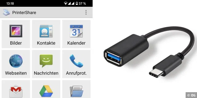 Die App Printershare macht es zusammen mit einem USB-OTG-Adapter möglich, von einem Android- Smartphone auch auf gewöhnlichen USB-Druckern auszudrucken.