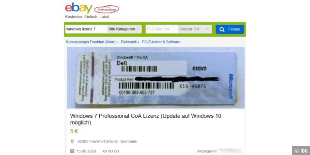 Für fünf Euro bei Ebay-Kleinanzeigen: Weiterverkauf und Nutzung einer Windows-Lizenz sind rechtlich allerdings nur unter bestimmten Voraussetzungen zulässig.