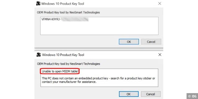 Bei vorinstalliertem Windows liest das Windows 10 OEM Product Key Tool den Lizenzschlüssel aus dem Bios/ Uefi aus (oben), bei Vollversionen helfen andere Tools weiter.