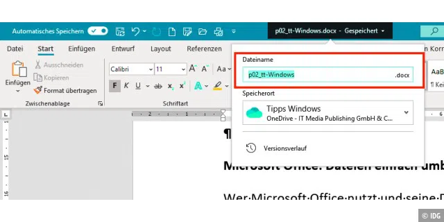 Wer Microsoft Office nutzt und seine Dokumente in einem Onedrive-Ordner speichert, kann sie in der Office-Anwendung einfach umbenennen.