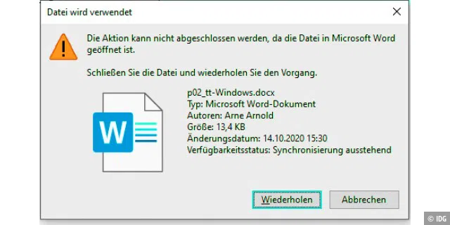 Wenn eine Office-Datei gerade in einer Anwendung geöffnet ist, lässt sich diese nicht im Windows-Explorer umbenennen. Es erscheint diese Meldung.