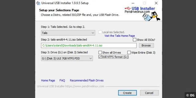 Mit dem kostenlosen Universal USB Installer übertragen Sie die Daten aus der ISO-Datei von Tails auf einen USB-Stick und machen ihn bootfähig.
