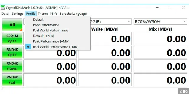 Mit Crystaldiskmark können Sie über verschiedene Testprofile prüfen, ob die SSD in Ihrem Rechner das optimale Tempo für Ihr Nutzungsverhalten liefert. Die Einstellungen finden Sie unter „Profile“.