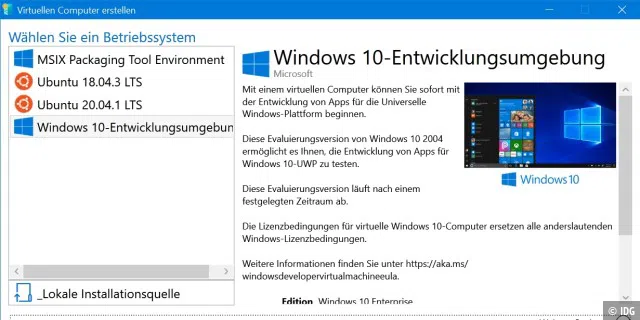 Microsoft-Software: Mit der Hyper-V-Schnellerstellung lassen sich neue virtuelle Maschinen auf Basis von Windows 10 Enterprise und Ubuntu-Linux im Nu mit wenigen Mausklicks anlegen.
