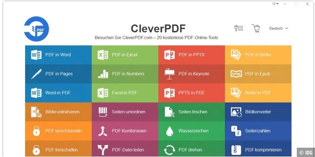 Mit Clever PDF (im Bild) und PDF24 lassen sich unter Windows oder im Internet PDF-Dokumente vielfältig bearbeiten, mit Passwort versehen und in andere Formate konvertieren.