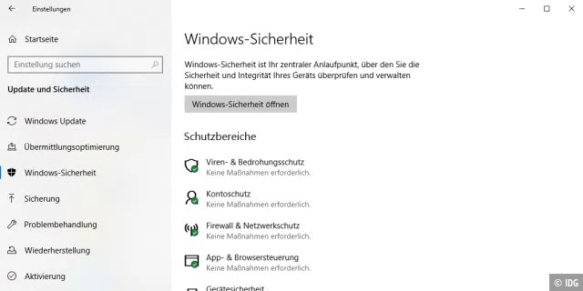 Der Punkt „Windows- Sicherheit“ ist der umfangreichste unter „Update und Sicherheit“. Er ist identisch mit dem Bereich „Windows Sicherheit“, der sich auch direkt über das Programmmenü aufrufen lässt.