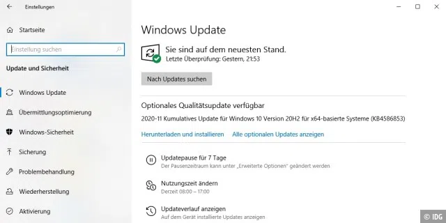 So sieht die Startseite von „Update und Sicherheit“ von Windows aus (unter „Windows-Symbol –› Einstellungen –› Update und Sicherheit“): Sie landen direkt beim ersten von zehn Punkten, den Update-Einstellungen.