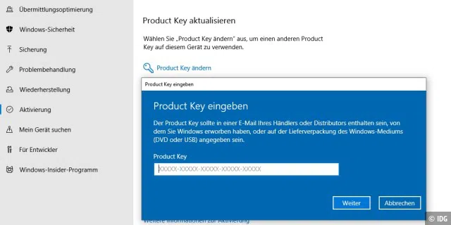 Wenn Sie ein Windows Home zu einem Windows Pro upgraden wollen, können Sie hier unter „Einstellungen“ den neuen Windows-Key eingeben. Günstige Keys bekommen Sie vor allem bei Online-Händlern.