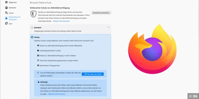 Firefox 86: strenge Datenschutzeinstellungen