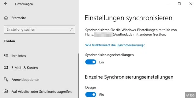 Geräteübergreifende Konfiguration: Wer sich bei Windows mit einem Microsoft-Konto anmeldet, kann einige seiner eigenen Einstellungen mit anderen Geräten synchronisieren lassen.