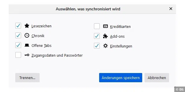 Browserkonfiguration: Sie können wählen, was synchronisiert werden soll. Bei Sicherheitsbedenken können Sie Zugangsdaten und Passwörter ausklammern.