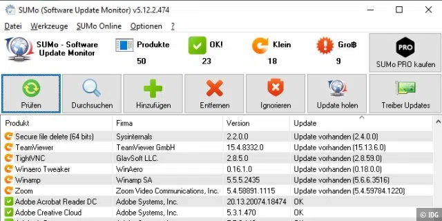 Updatemanager wie Sumo überprüfen die installierten Programme, gleichen die Versionsnummern mit einer Datenbank ab und zeigen an, für welche Anwendungen Updates verfügbar sind.