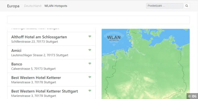 Unter www.europakarte.org/wlan/deutschland finden Sie neben einer Karte auch eine nach Bundesländern und Städten geordnete Liste mit freien WLAN-Hotspots inklusive Adresse.