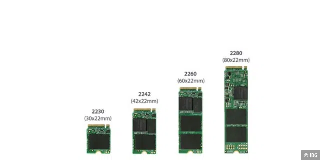 SSDs im M.2-Kartenformat gibt es in unterschiedlichen Längen. Verbreitet ist das 2280-Modul mit 22 Millimetern Breite und 80 Millimetern Länge. Die kürzeren Varianten sind seltener zu finden.