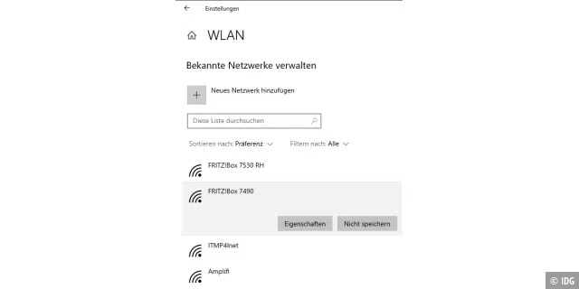 Wenn Sie Windows anweisen, sich automatisch mit einem WLAN zu verbinden, merkt sich das System das Passwort. In den WLAN-Eigenschaften sehen Sie alle Netzwerke, bei denen das der Fall ist.