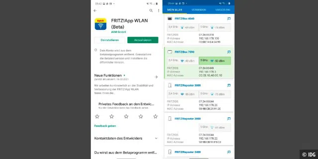 Auf einem Android-Smartphone beziehungsweise Tablet melden Sie sich zum Betatest an und laden die Laborversionen der FritzApps aus dem Google Play Store. Verfügbare Updates werden automatisch installiert.