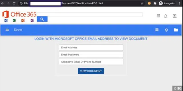 Empfänger einer Phishing-Mail landeten nach ein paar Klicks auf einer Webseite mit Microsoft-Logo, wo sie ihre Zugangsdaten eingeben sollten. Diese Informationen lassen sich verkaufen oder für weitere Angriffe nutzen.