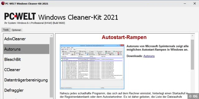 Toolsammlung: Über das portable PC-WELT Cleaner Kit 2021 starten Sie nützliche Programme, die Sie bei regelmäßigen Aufräumarbeiten auf dem PC und bei der Festplattenoptimierung unterstützen.