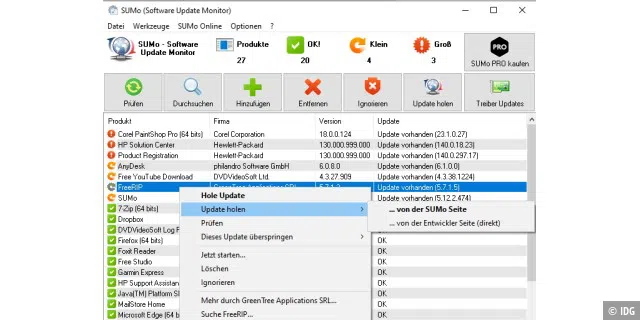 Software Update Monitor (Sumo) identifiziert zuverlässig veraltete Versionen der installierten Software. Wenn Sie automatisches Updaten bevorzugen: Das bietet nur die Pro-Variante.