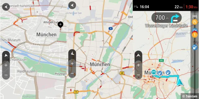 Drei Screenshots von Go Navigation nebeneinander.