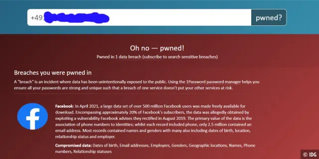 Have i been pwned warnt die Nutzer, falls ihre Telefonnummer vom Facebook-Leak betroffen ist