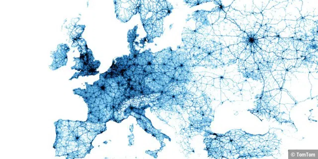 Die anonymisierten GPS Daten aus dem Quartal Q4/2020, aus denen TomTom Traffic berechnet wird, zeichnen das Straßennetz in Europa nach.