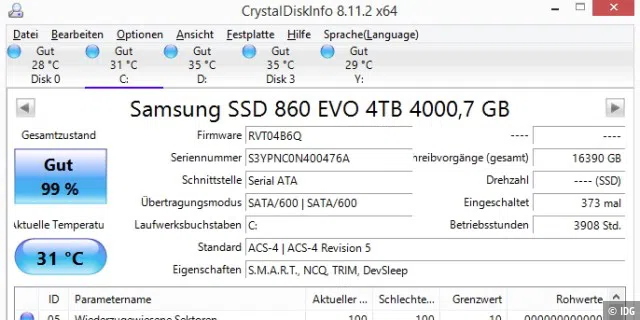 Laufwerkstatus abfragen: Crystaldiskinfo zeigt die Temperatur und den Gesundheitszustand von SSDs und Festplatten an. Ausführliche Infos liefern die S.M.A.R.T-Werte der Laufwerke.