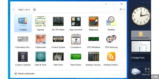 Funktionieren immer noch: Die Gadgets von Windows 7 lassen sich auch unter Windows 10 nutzen. Mit dabei sind mehrere Uhren, Kalender und Wettervorhersagen.