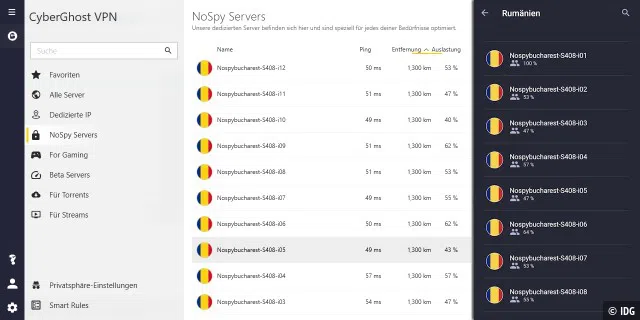 Cyberghost VPN: NoSpy-Server - rechts die Android-App