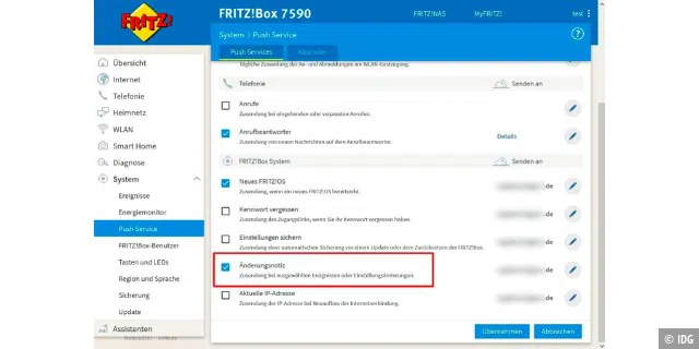 Wenn Sie die Option „Änderungsnotiz“ in der Liste unter „System –› Push Service“ aktivieren, werden Sie per E-Mail informiert, sobald ein neues, noch unbekanntes Netzwerkgerät mit der Fritzbox verbunden wird.